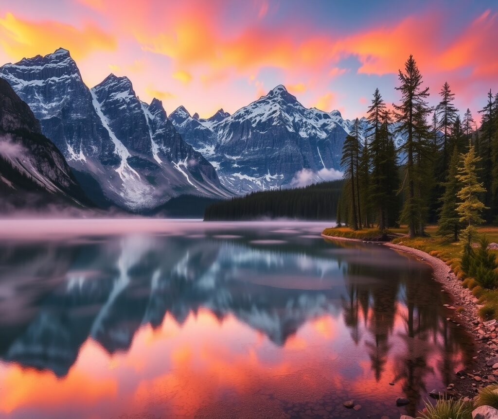 Majestic Sunrise Over Serene Mountain Lake – free AI stock image