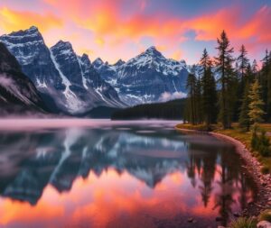 Majestic Sunrise Over Serene Mountain Lake – free AI stock image