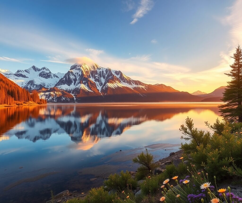 Majestic Sunrise Over Serene Mountain Lake – free AI stock image
