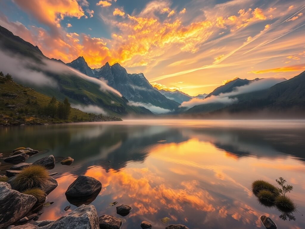 Majestic Sunrise over Serene Mountain Lake – free AI stock image