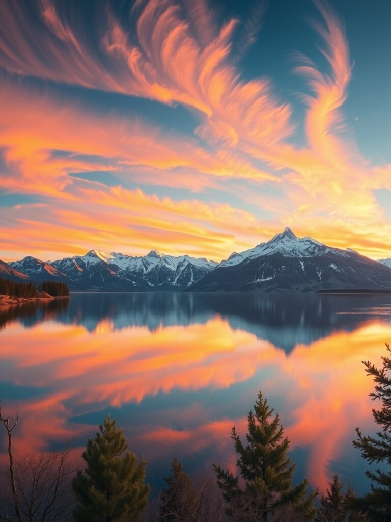 Majestic Sunrise Over Serene Mountain Lake – free AI stock image