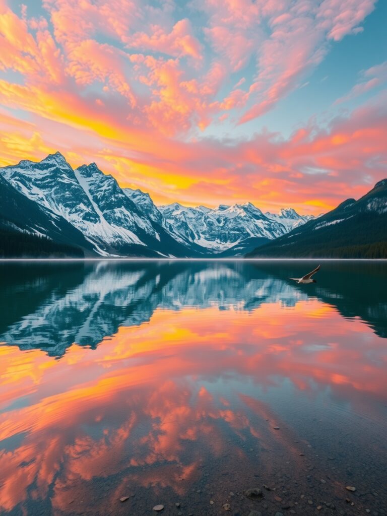 Majestic Sunrise Over Serene Mountain Landscape – free AI stock image