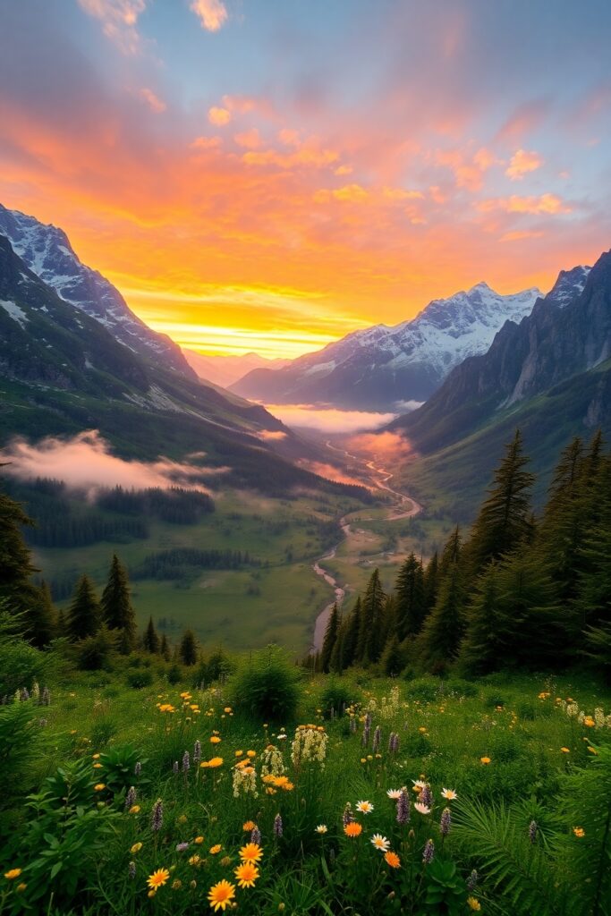 Majestic Sunrise Over Serene Mountains – free AI stock image