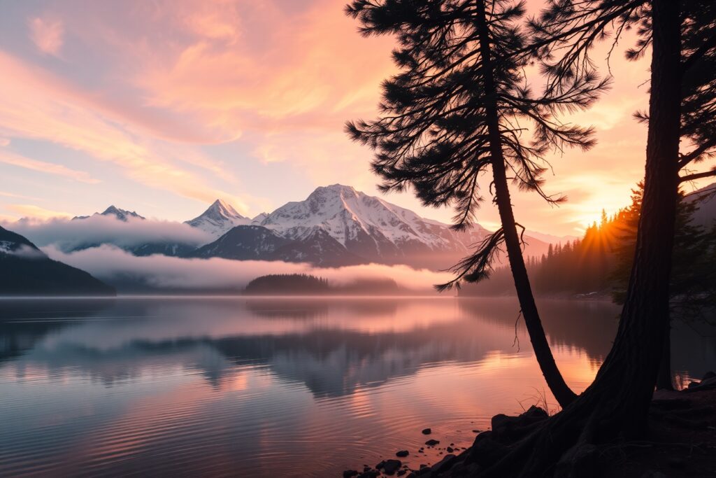 Majestic Sunrise Over Silent Mountain Range – free AI stock image