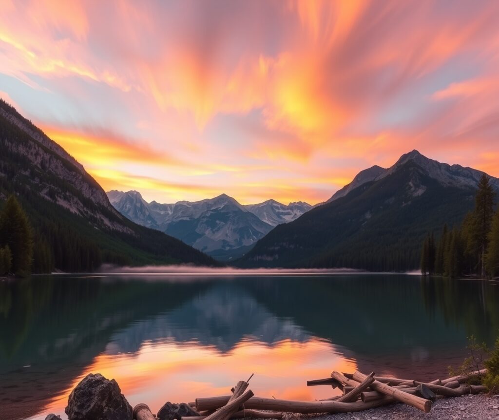 Majestic Sunrise Over the Serene Lake – free AI stock image