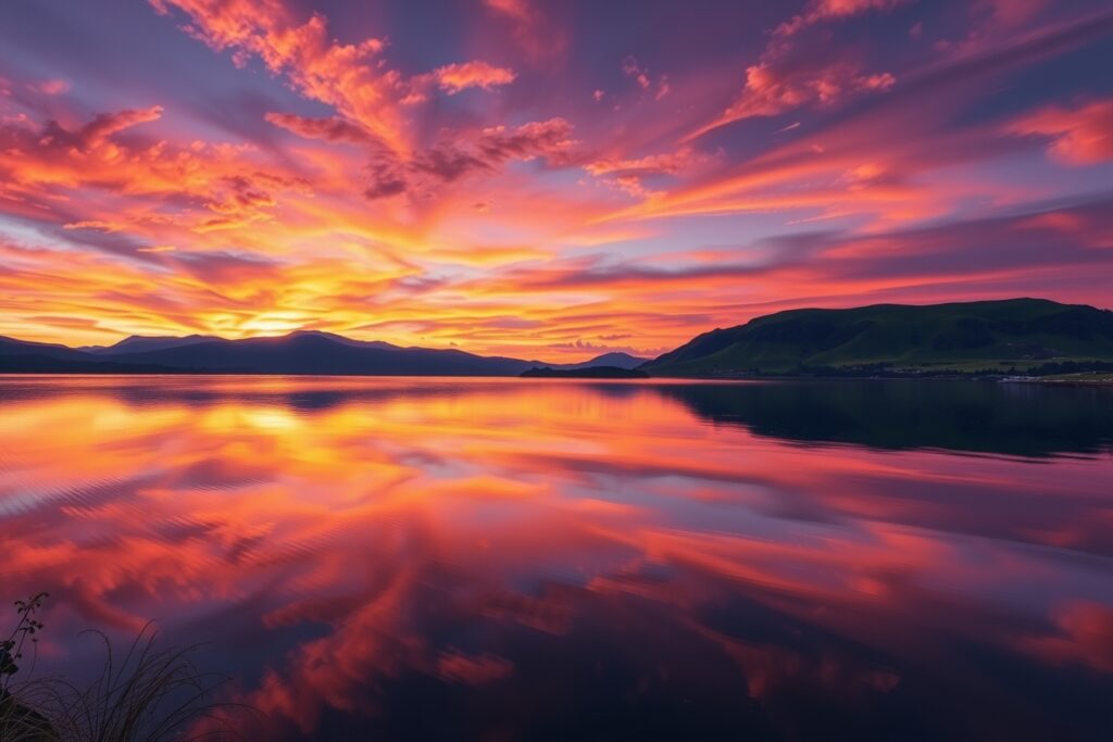 Majestic Sunrise Over Tranquil Lake – free AI stock image