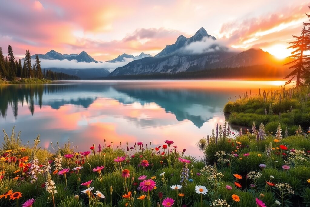 Majestic Sunrise Over Tranquil Lake – free AI stock image