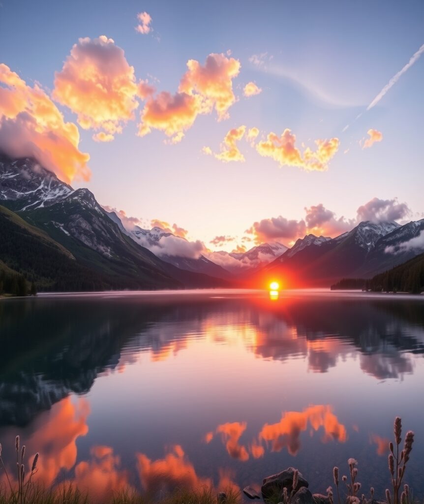 Majestic Sunrise over Tranquil Lake – free AI stock image