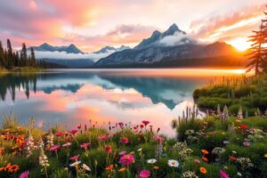 Majestic Sunrise Over Tranquil Lake – free AI stock image