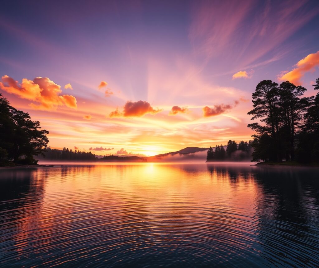Majestic Sunrise Over Tranquil Lake – free AI stock image