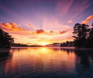 Majestic Sunrise Over Tranquil Lake – free AI stock image
