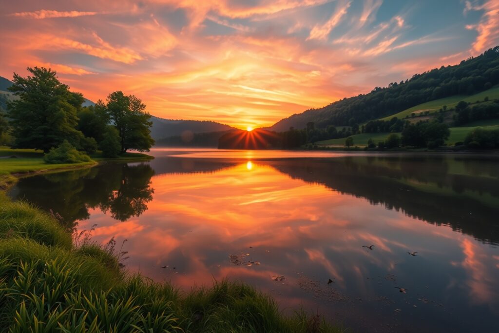 Majestic Sunrise Over Tranquil Lake – free AI stock image