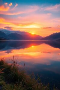 Majestic Sunrise Over Tranquil Lake – free AI stock image