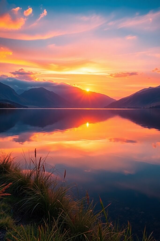 Majestic Sunrise Over Tranquil Lake – free AI stock image