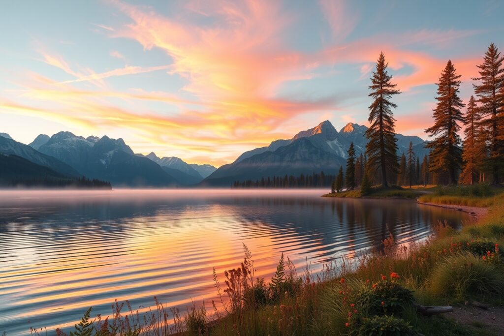 Majestic Sunrise Over Tranquil Lake – free AI stock image