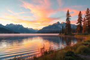 Majestic Sunrise Over Tranquil Lake – free AI stock image