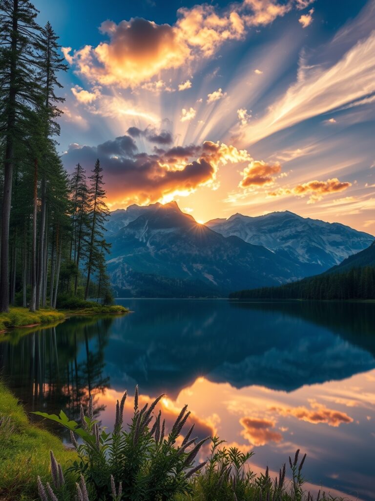 Majestic Sunrise Over Tranquil Lake – free AI stock image