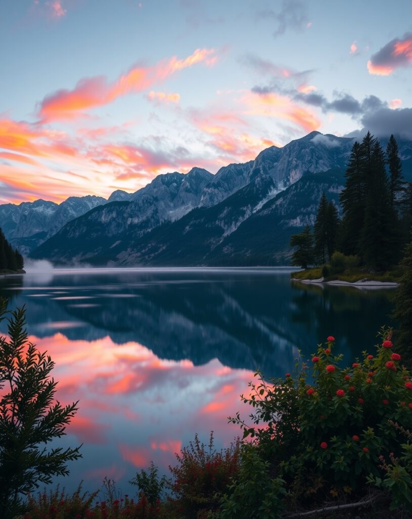 Majestic Sunrise Over Tranquil Mountains – free AI stock image