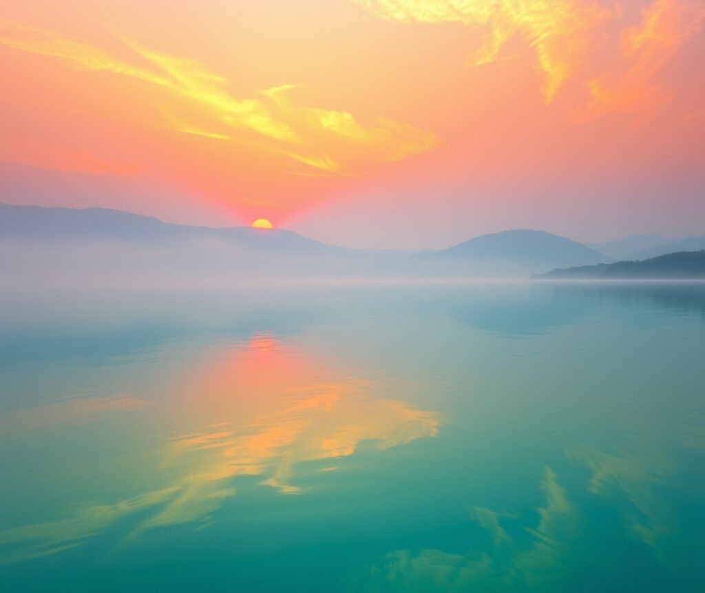 Majestic Sunset Over Calm Lake – free AI stock image
