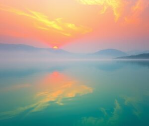 Majestic Sunset Over Calm Lake – free AI stock image