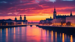 Majestic Sunset Over Historic City Skyline – free AI stock image