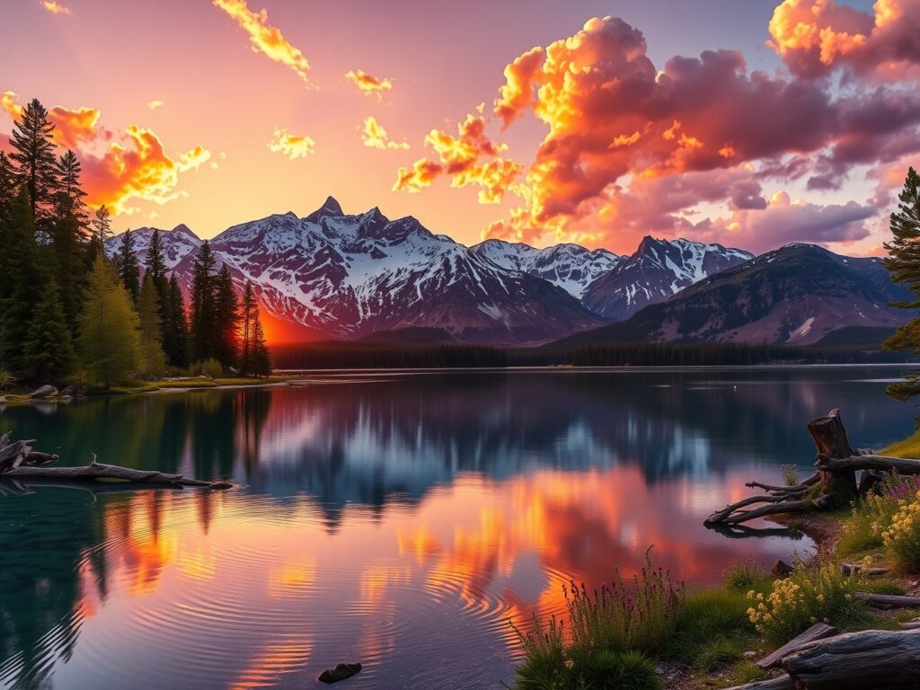 Majestic Sunset Over Serene Lake – free AI stock image