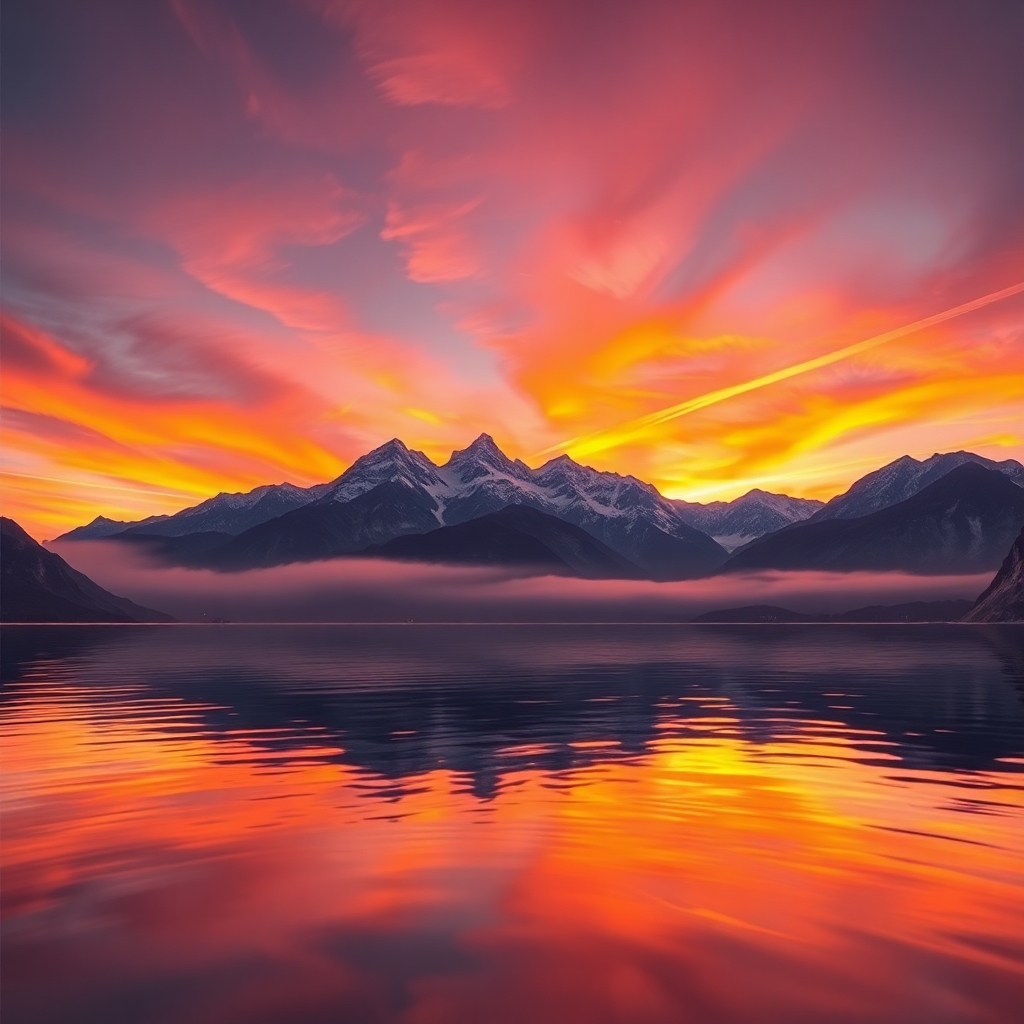Majestic Sunset Over Serene Lake – free AI stock image