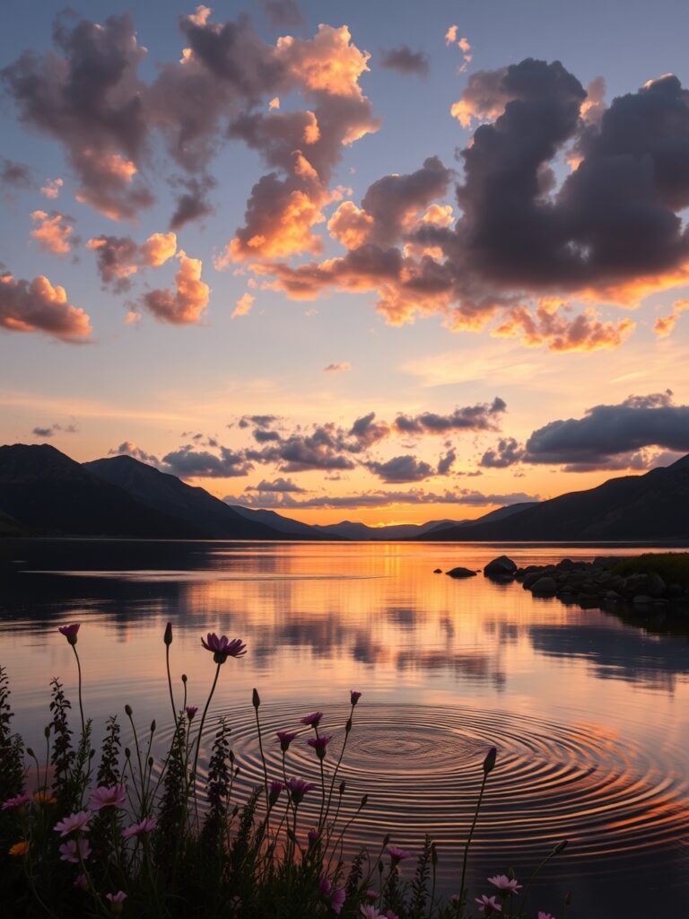 Majestic Sunset Over Serene Lake – free AI stock image
