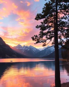 Majestic Sunset Over Tranquil Lake – free AI stock image