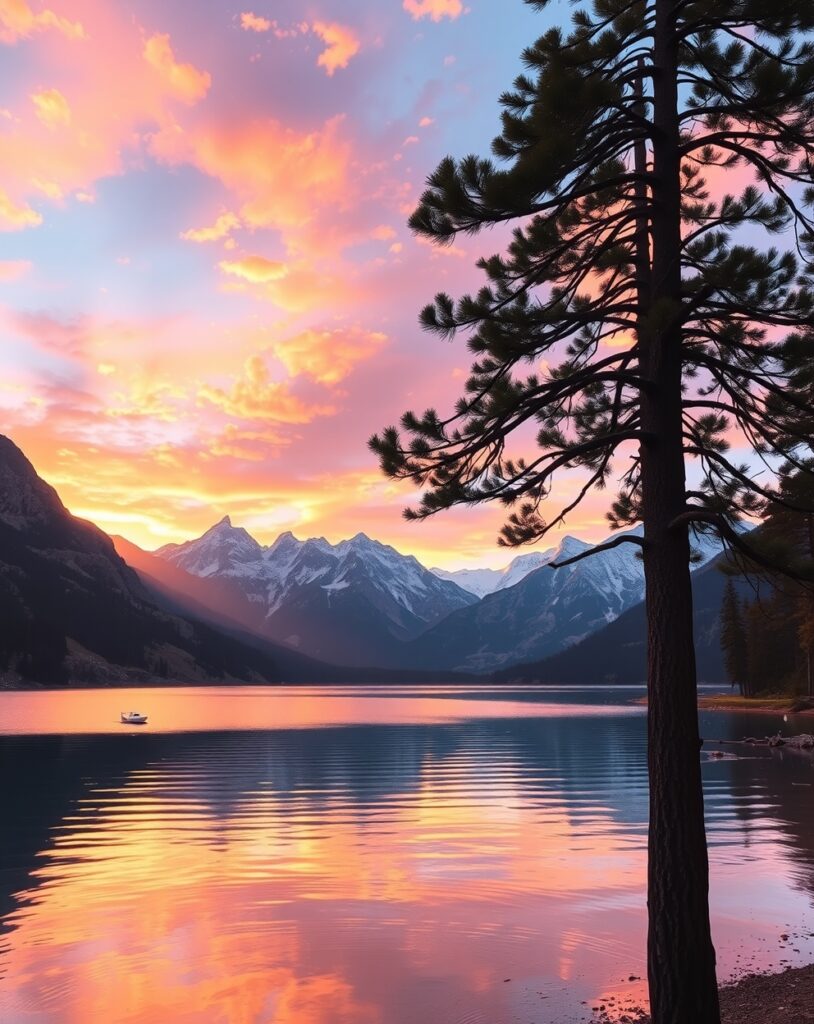 Majestic Sunset Over Tranquil Lake – free AI stock image
