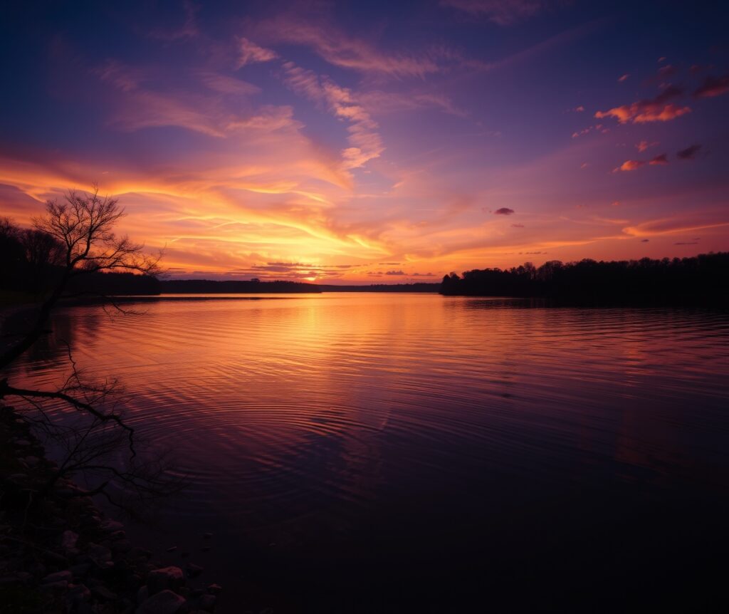 Majestic Sunset Over Tranquil Lake – free AI stock image
