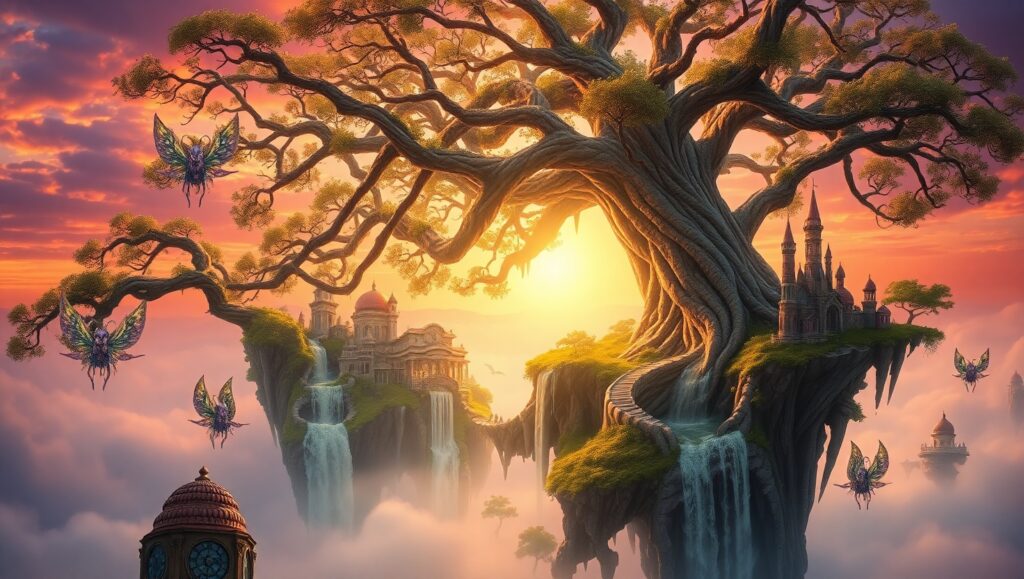 Majestic Tree in Floating City – free AI stock image