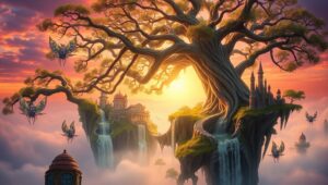 Majestic Tree in Floating City – free AI stock image