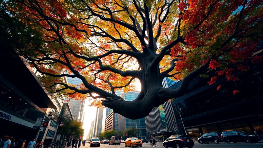 Majestic Tree Over Cityscape – free AI stock image