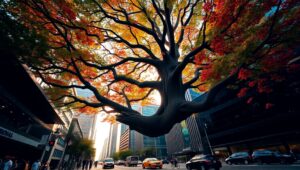 Majestic Tree Over Cityscape – free AI stock image