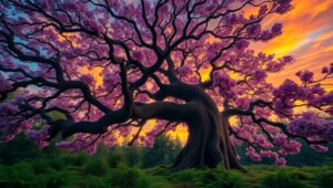 Majestic Tree Under Sunset – free AI stock image