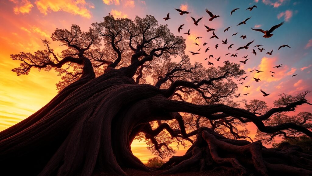 Majestic Tree Under Vibrant Sunset – free AI stock image