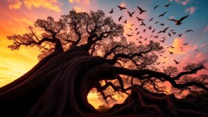 Majestic Tree Under Vibrant Sunset – free AI stock image