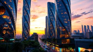 Majestic Twisted Skyscrapers Overlooking a Bustling Cityscape image – free AI stock image