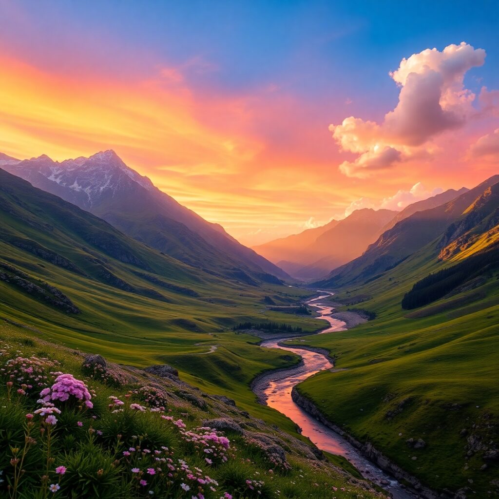 Majestic Valley Under a Golden Sunset – free AI stock image
