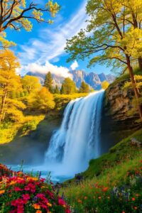 Majestic Waterfall Cascading into Verdant Valley – free AI stock image