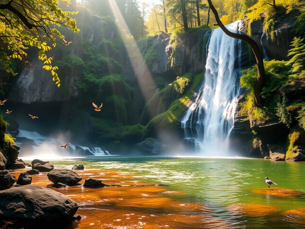 Majestic Waterfall Cascading Through Lush Forest – free AI stock image