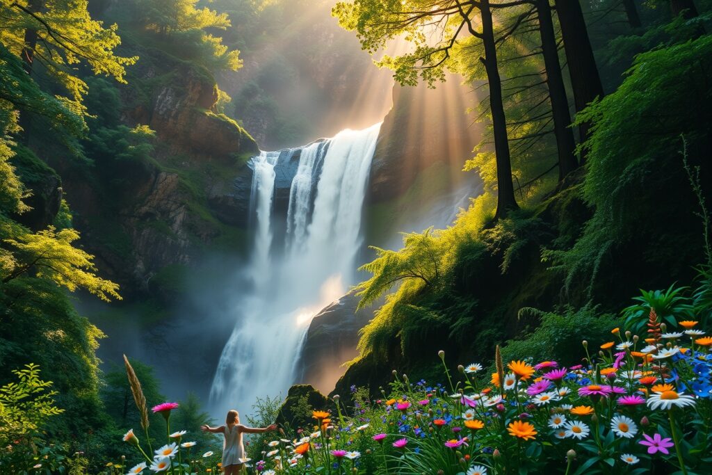 Majestic Waterfall in Lush Green Forest – free AI stock image