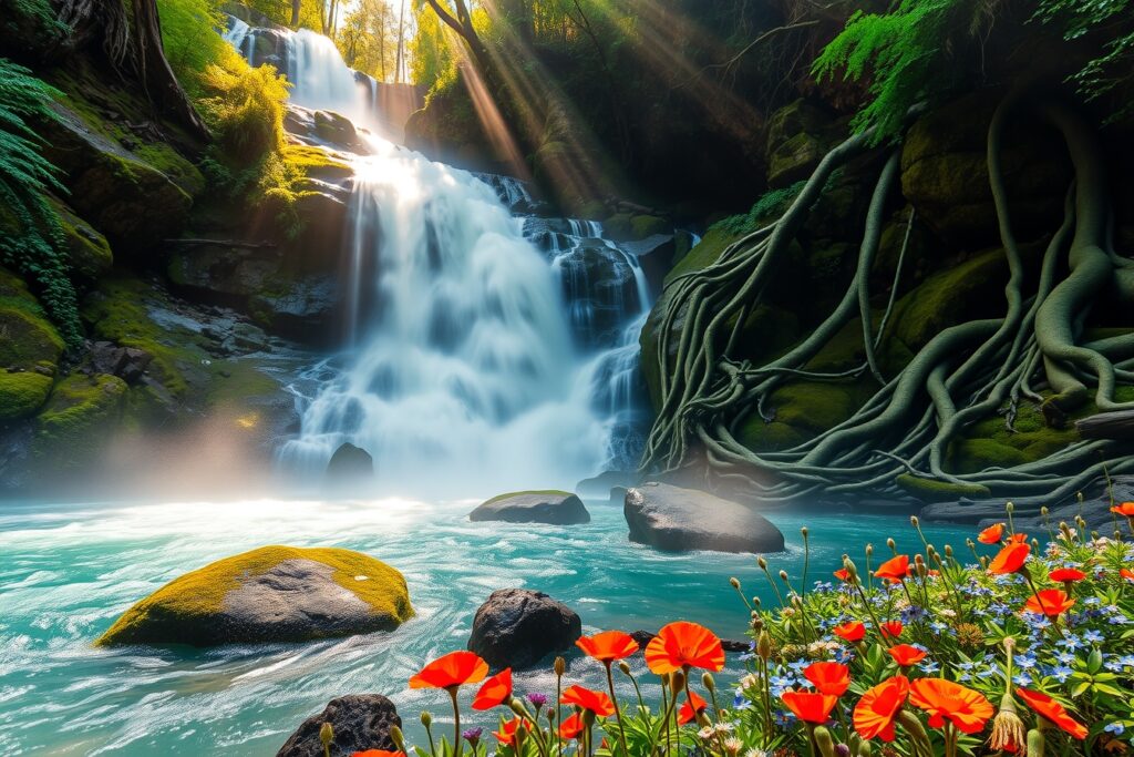 Majestic Waterfall in Lush Green Forest – free AI stock image