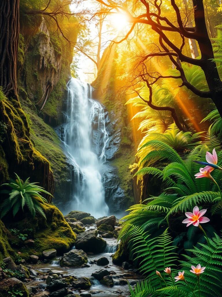 Majestic Waterfall Surrounded by Lush Forest – free AI stock image