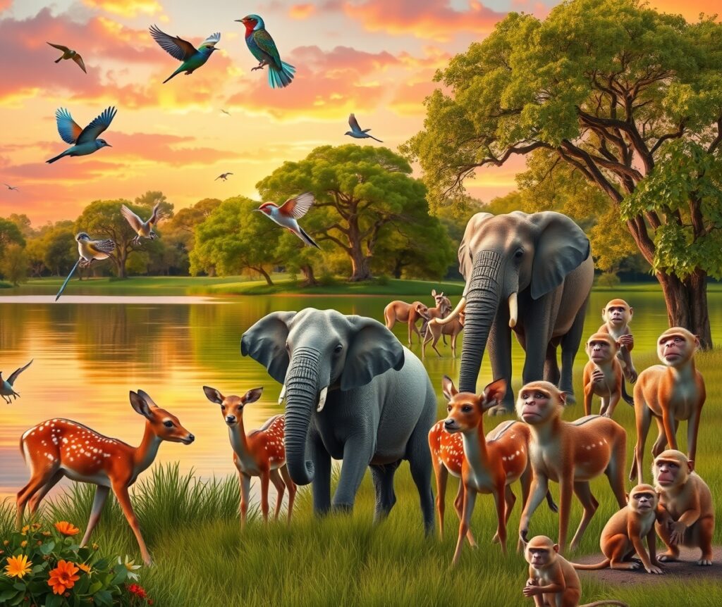 Majestic Wildlife Gathering at Sunset – free AI stock image