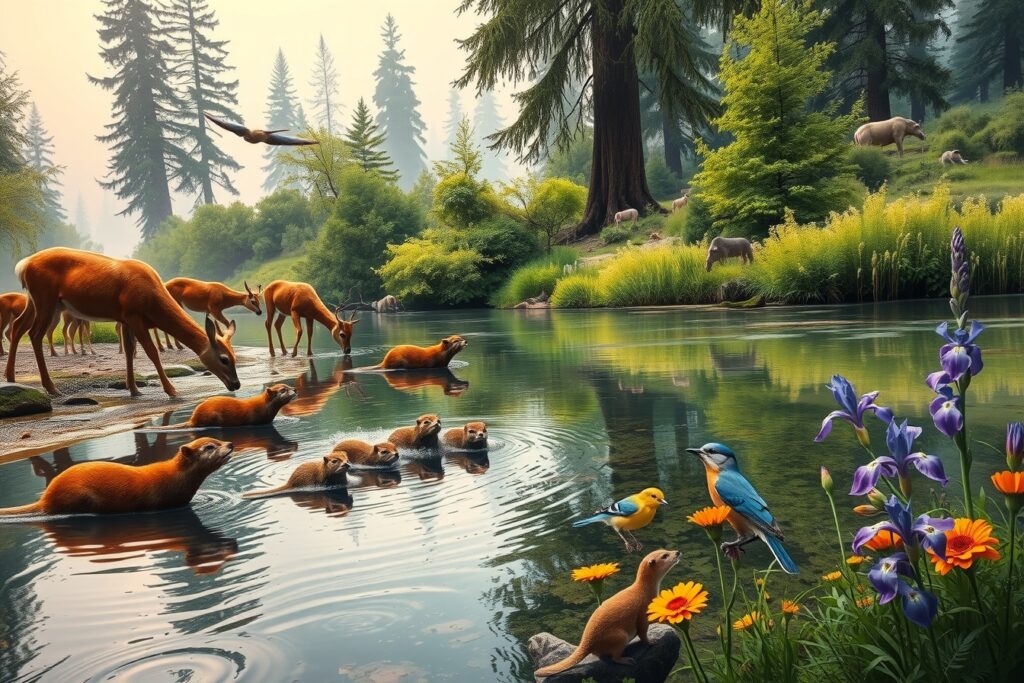 Majestic Wildlife Gathering by the River – free AI stock image