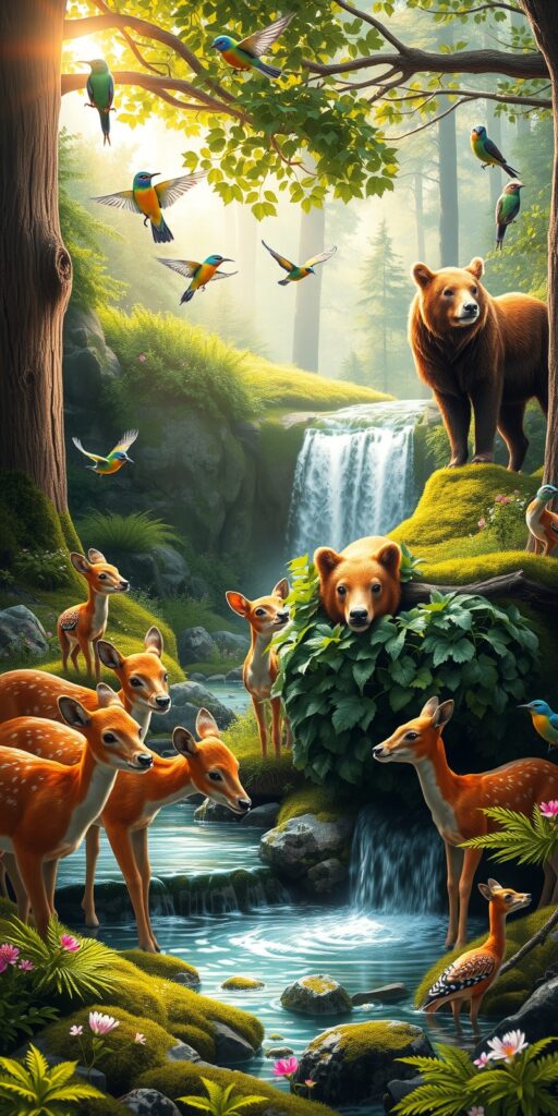 Majestic Wildlife Gathering by the Waterfall – free AI stock image