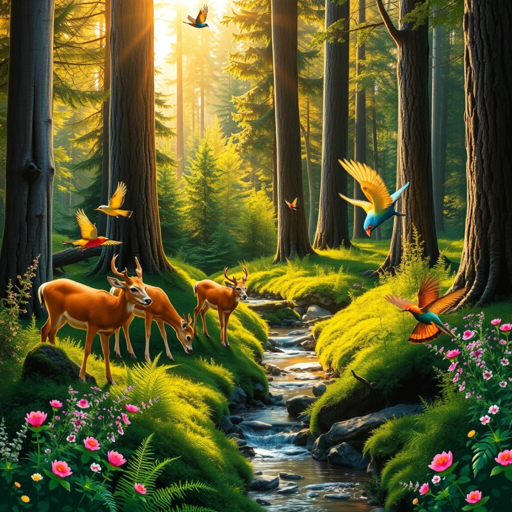 Majestic Wildlife in Serene Forest Landscape – free AI stock image