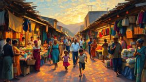 Market at Dusk in Pointillism – free AI stock image